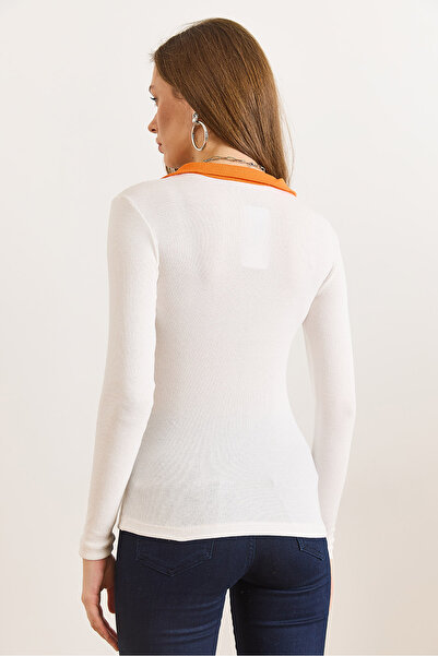 Olalook Women's White Orange Color Block Polo Neck Cotton Stretchy Blouse Blz-19003104