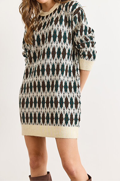 Olalook Women's Ecru Tiny Baklava Fleece-Lined Thick Knitwear Tunic Dress Elb-19002567