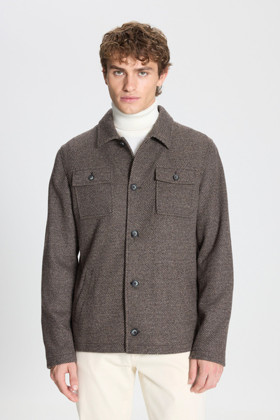 ALTINYILDIZ CLASSICS Кавово-бежева вовняна сорочка Comfort Fit з зручним кроєм, коміром з візерунком, зимовий піджак