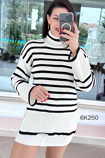 İnce Topuk High-Necked Striped Knit Blouse 6K250