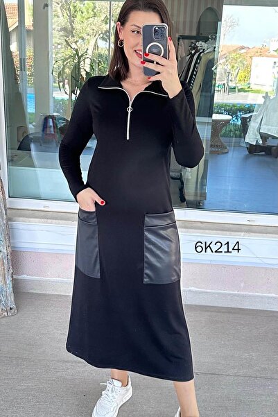 İnce Topuk 2 Thread Collar Zippered Leather Pocket Detailed Dress 6K214