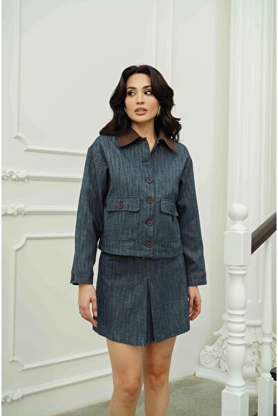 Serica Moda Indigo Collar Detailed Jacket Skirt Set