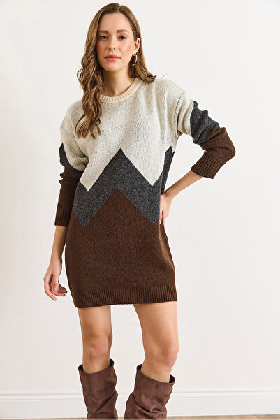 Olalook Women's Brown Geometric Patterned Knitwear Tunic Dress Elb-19002568