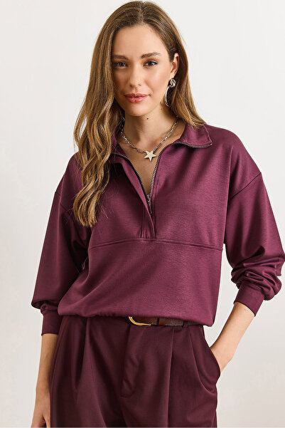 Olalook Women's Plum Modal Buttoned Zippered Flowy Sweatshirt Swt-19000780