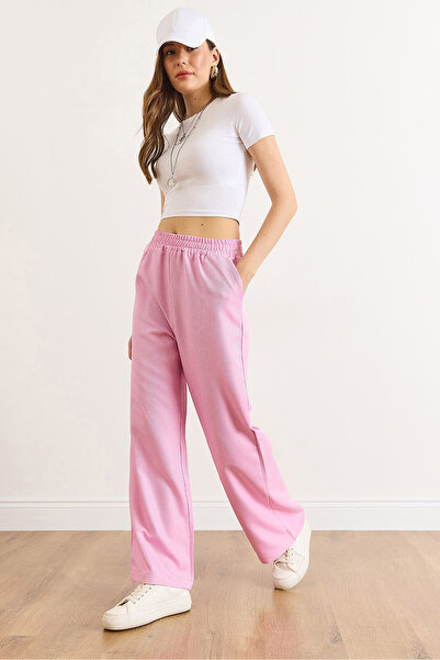 Olalook Women's Candy Pink Waistband Pocketed Wool Effect Wide Leg Winter Trousers Pnt-19000383