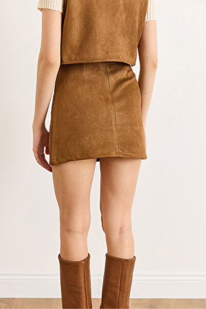 Olalook Women's Tan Zippered Stone Detailed Mini Suede Skirt Etk-19000368