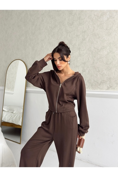 floral fashıon Free Design Premium Modal Fabric Women's Tracksuit Set Flow Fit Cut Steel Zipper Hood Detail