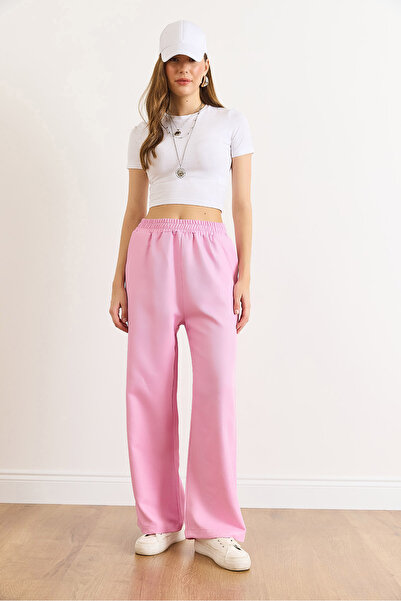 Olalook Women's Candy Pink Waistband Pocketed Wool Effect Wide Leg Winter Trousers Pnt-19000383