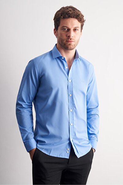 İmza Cobalt Half Italian Collar Long Sleeve S Slim Fit Cotton Shirt 1004255180
