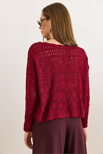 Olalook Women's Burgundy Geometric Openwork Detailed Knitwear Sweater Kzk-19001044
