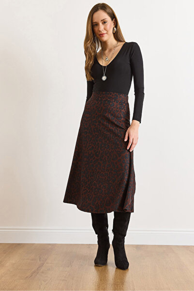 Olalook Women's Anthracite Leopard Elastic Waist Suede Textured Bell Skirt Etk-19000141