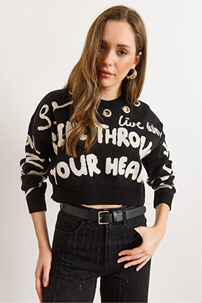 Olalook Women's Black Bird's Eye Detailed Sleeve Heart Crop Knit Sweater Kzk-19001046