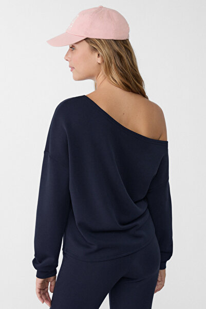VODENS Women's Navy Blue Soft, Off-The-Shoulder Sweatshirt