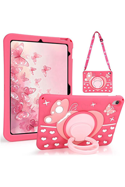 Vofolen iPad A16/A10 case, pink butterfly, 360 rotating handle, shockproof, stand and strap