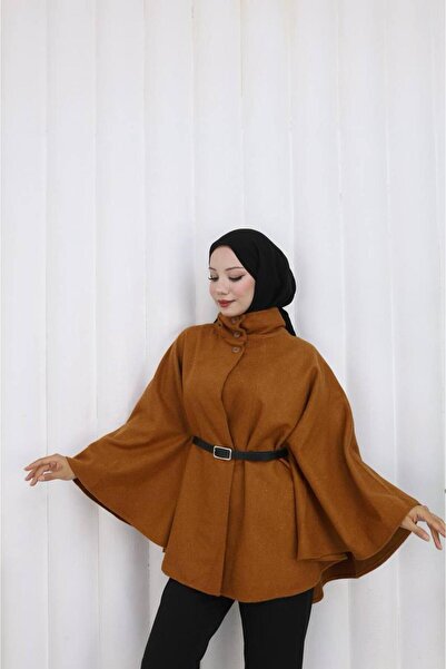 Rema 80 cm Length Cashmere Fabric Poncho with Belt and Button Details