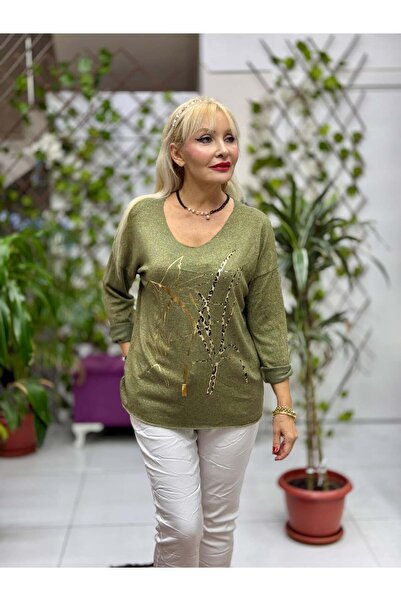 Punta Otantik Yg11773 Leopard Printed Italian Knitwear Blouse Khaki