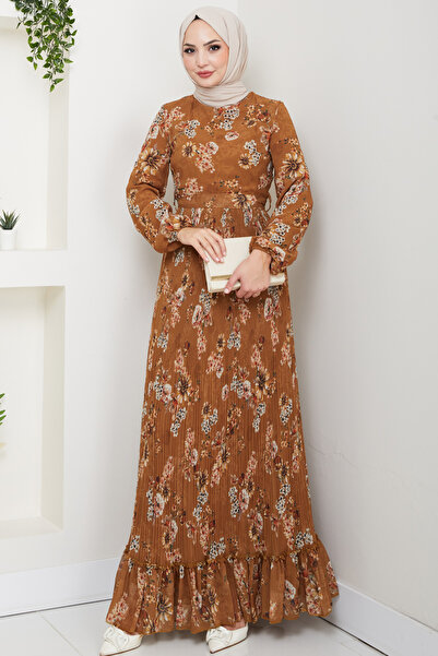 Feiza Collection Eteği Piliseli Şifon Tesettür Elbise - Hardal