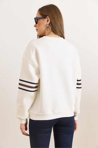 Olalook Women's White Sleeve Stripe Stitching Detailed Fleece-Lined Sweatshirt Swt-19000784