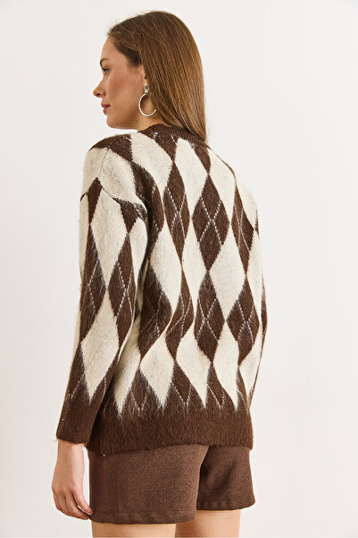 Olalook Women's Brown Baklava Pattern Fleece-Lined Thick Knitwear Sweater Kzk-19001075