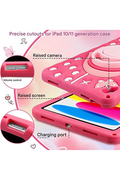Vofolen iPad A16/A10 case, pink butterfly, 360 rotating handle, shockproof, stand and strap