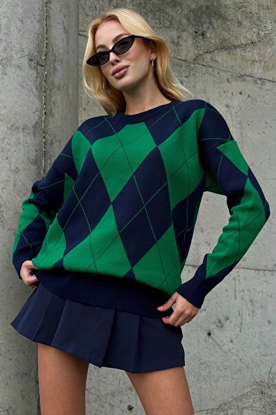 Chiccy Navy Blue-Green Crew Neck Long Sleeve Diamond Pattern Long Fit Oversized Knitwear Sweater 74 58