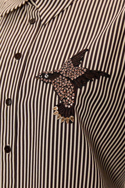 Exquise Stone Embroidered Striped Pocketless Regular Shirt