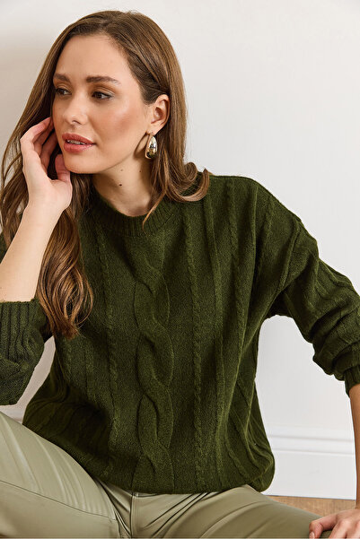 Olalook Women's Emerald Green Hair Braid Detailed Soft Textured Knitwear Sweater Kzk-19001074