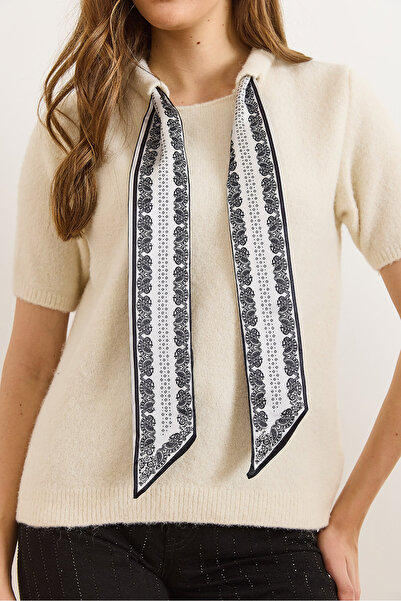 Olalook Women's Ecru Scarf Detailed Soft Textured Short Sleeve Knitwear Sweater Kzk-19001072