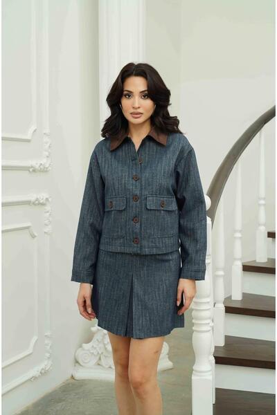 Serica Moda Indigo Collar Detailed Jacket Skirt Set