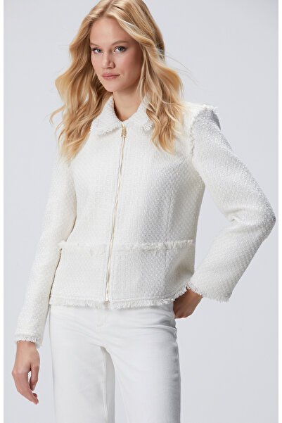 Network Kırık Beyaz Fermuarlı Püskül Detaylı Tweed Ceket