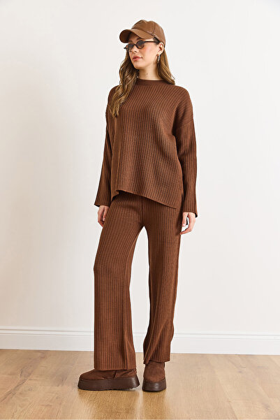 Olalook Women's Brown Thick Corded Fabric Bottoms and Tops Basic Knitwear Set Tkm-19000463