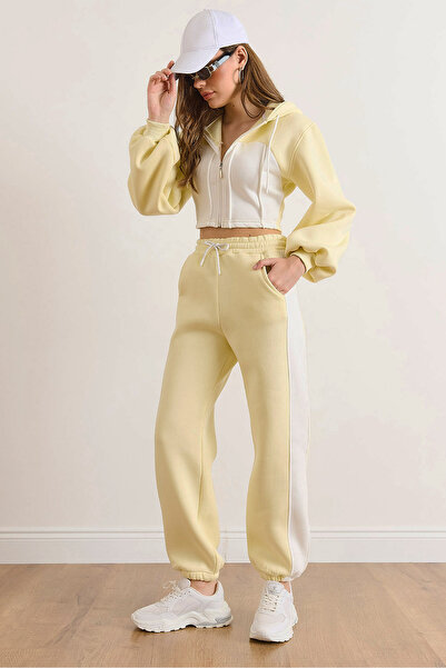 Olalook Women's Yellow Color Detailed Fleece-Lined Thick Winter Tracksuit Set Etkm-0000073