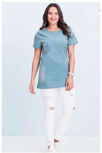 EVEN plus size Yakası İnci İşlemeli Kot Büyük Beden Bluz