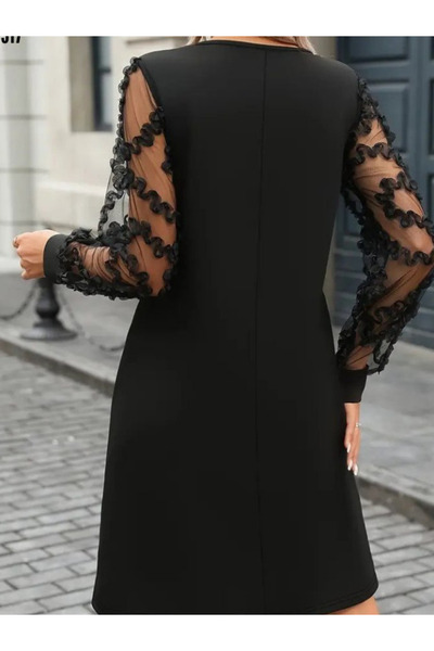 Modayakamoz Yeni Sezon Bisiklet Yaka Tül Detaylı Kadın Mini Elbise Dalgıç Kumaş Şık Model