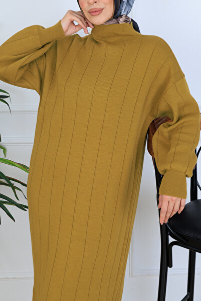 benguen κοτλέ Πλεκτό Φόρεμα N7085 Λαδί Πράσινο