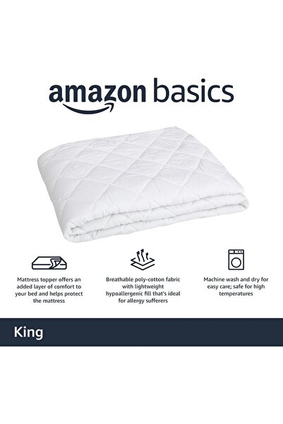 Amazon basics Quilted Hypoallergenic Mattress Pad - 18 inch Depth, King, White