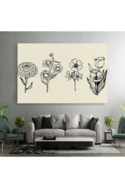 Arthub Canvas Painting, Bedroom And Living Room, Flowers, Black Line Cream