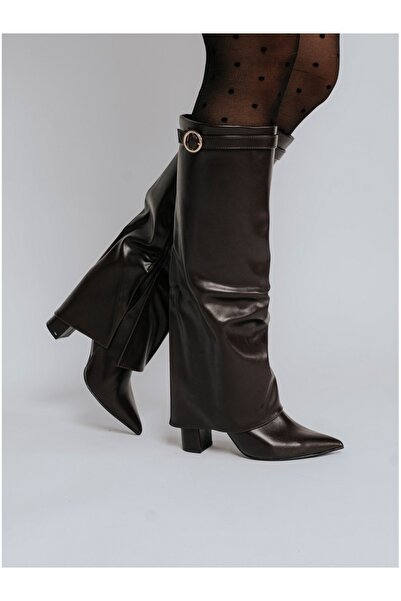 JOİA Cizme damă din piele ecologică cu toc cafeniu