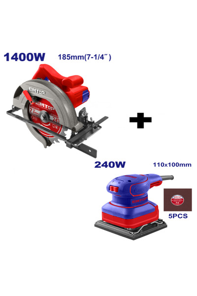 EMTOP Pachet promoțional Ferăstrău circular electric 1400W, 185mm + Șlefuitor...
