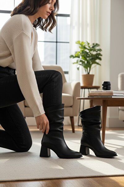 VeliKundura Black Back Zipper Pointed Toe Thick Heel Ruffled Women's Boots