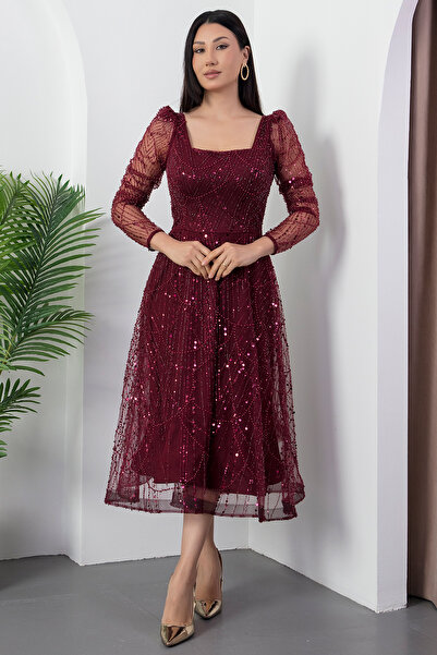 PULLIMM Square Neckline Long Sleeve Beaded Tulle Dress 41112