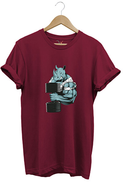 WİDİ Gym Athlete Fitness Dumbell Lifting Bull Regular Fit 100% Cotton Burgundy T-Shirt