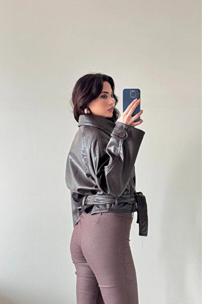 Eka Jachetă din piele subțire cu nasturi maro pentru femei 0999-8505