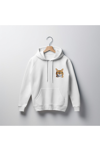 Kedi Baskılı Unisex Standart Fit Kapüşonlu Şardonlu Pamuklu Beyaz Sweatshirt