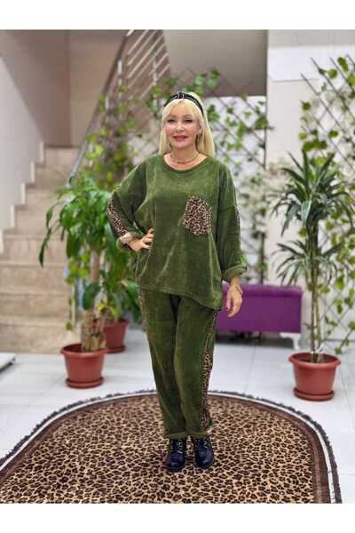 Punta Otantik Nc25183 Leopard Patterned Pocket Detailed Italian Velvet Suit Green