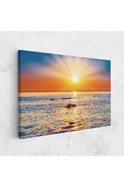 Arthub Canvas Painting, Bedroom And Living Room, Landscapes, Sunset Beach Rocks
