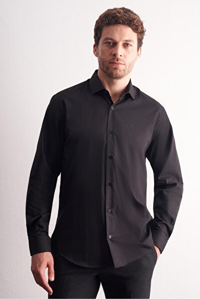 İmza Black Half Italian Collar Long Sleeve Premium S Slim Fit 100% Cotton Shirt 1004255196