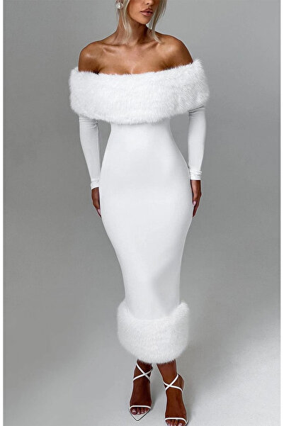 Buklemoda Μάξι φόρεμα από υφασμάτινο ύφασμα με λεπτομέρεια από γούνα