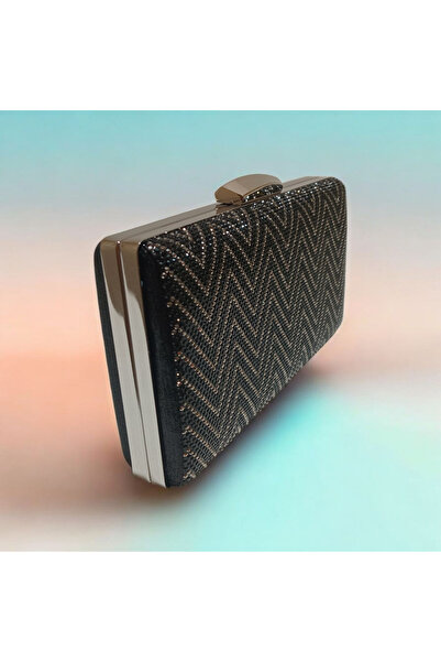 Butik Black Silver Glitter Zigzag Patterned Evening Dress Box Clutch Bag