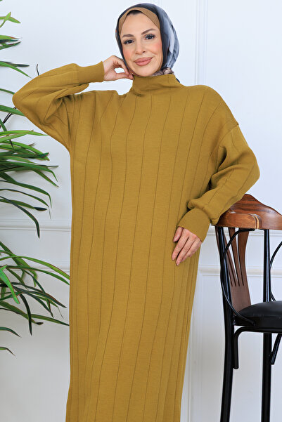 benguen κοτλέ Πλεκτό Φόρεμα N7085 Λαδί Πράσινο